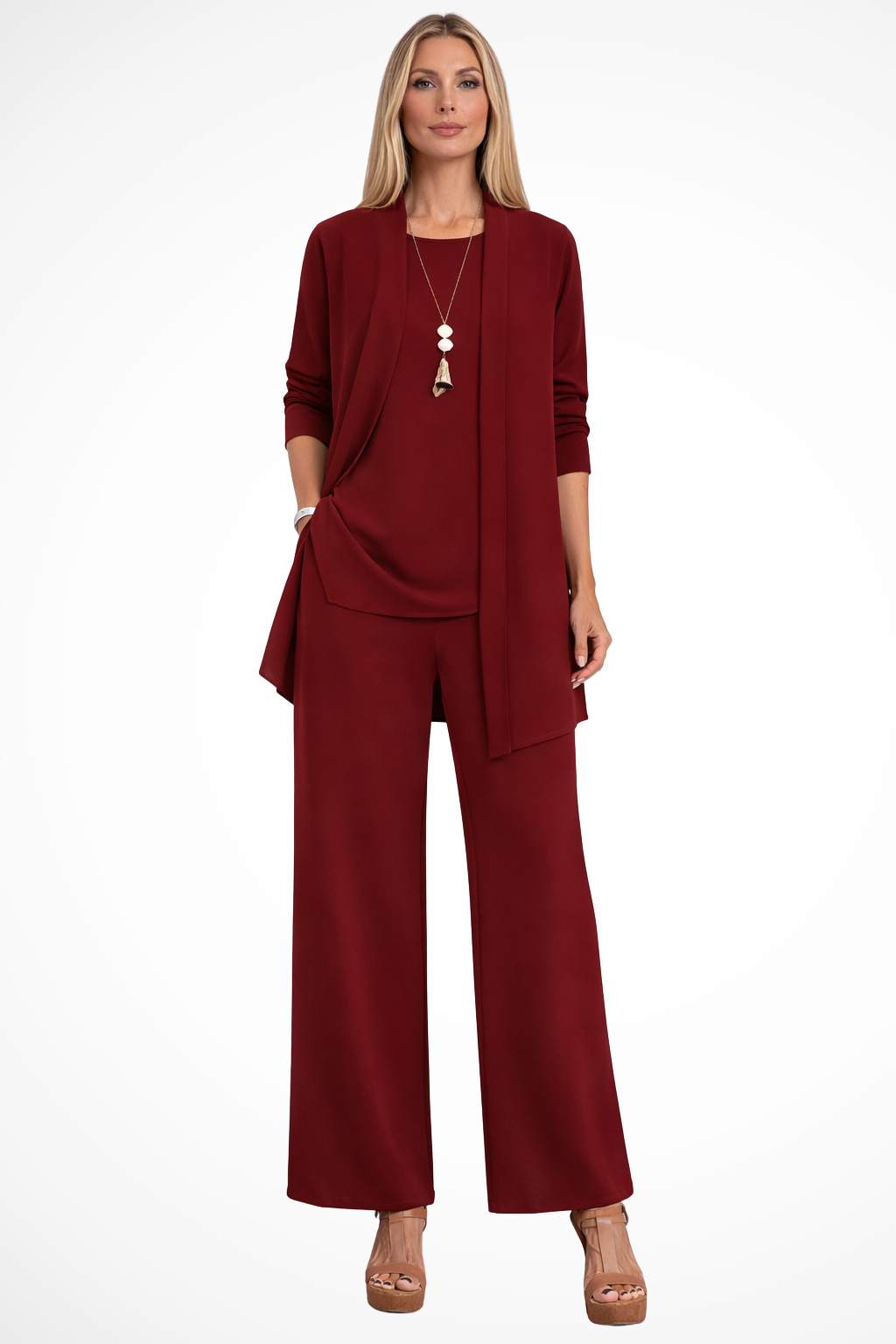 Women's business wear 3-piece set: sleek sleeveless top, open jacket & fashionable wide-leg trousers.