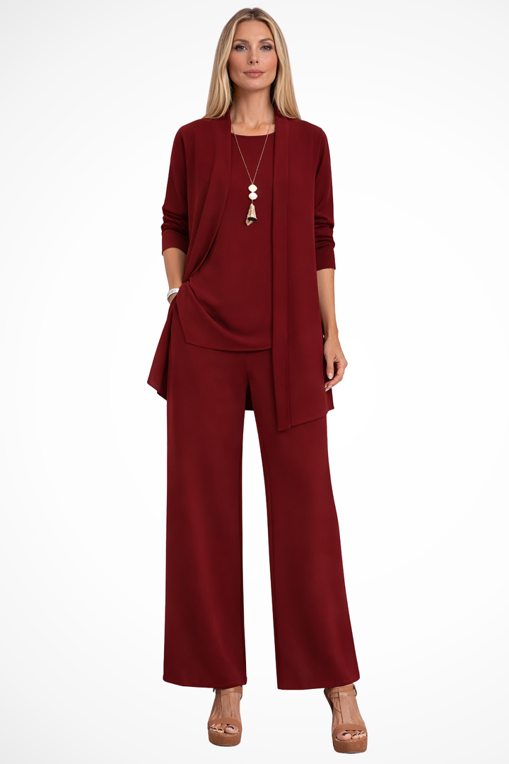 Women's business wear 3-piece set: sleek sleeveless top, open jacket & fashionable wide-leg trousers.
