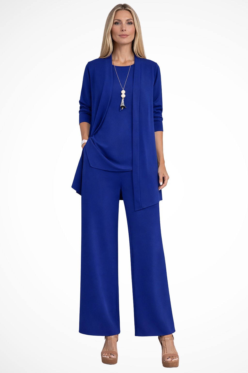 Chic women's wide-leg pant set, featuring a sleeveless top and an elegant open-front jacket, ideal for fashion.