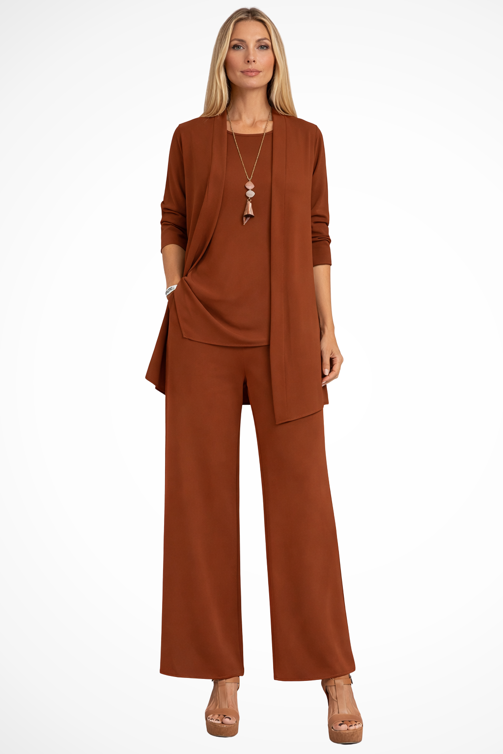 Versatile women's trouser set: includes a comfortable sleeveless top, a stylish open jacket & wide-leg pants.