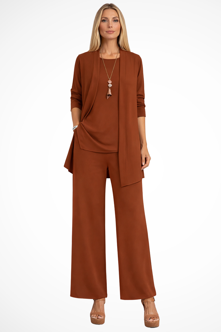 Versatile women's trouser set: includes a comfortable sleeveless top, a stylish open jacket & wide-leg pants.