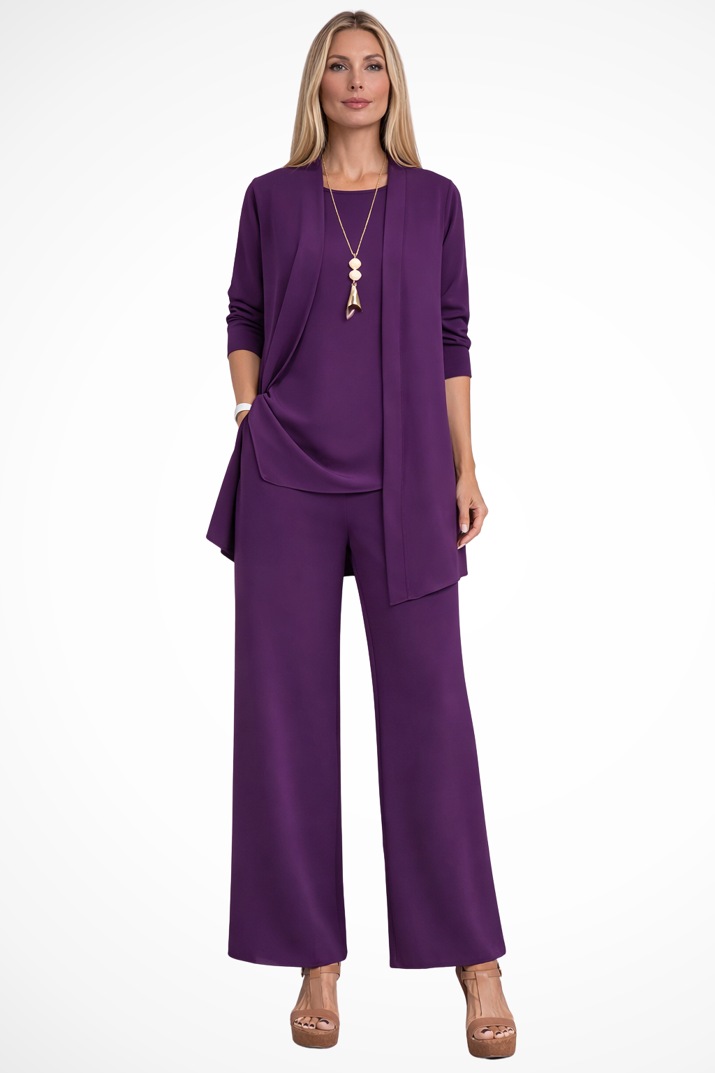 Modern women's clothing set: 3-piece ensemble with sleeveless top, sophisticated jacket & trendy wide-leg pants.