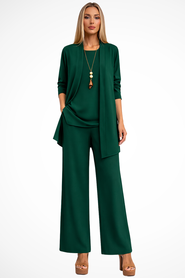 Fashionable women's trouser set: elegant sleeveless top, chic open jacket & flattering wide-leg pants outfit.