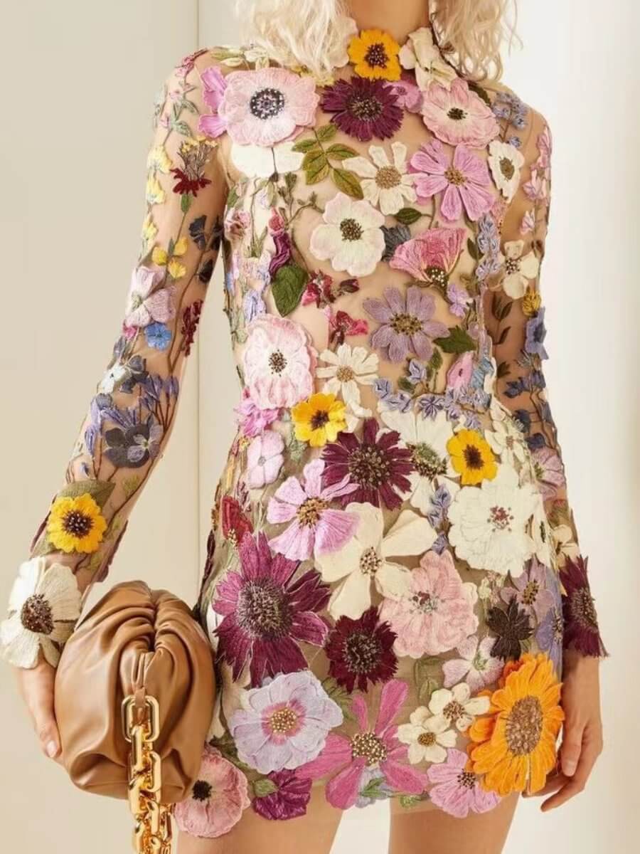 Elegant women's 3D floral embroidered dress in pink, perfect for special occasions & evening wear.