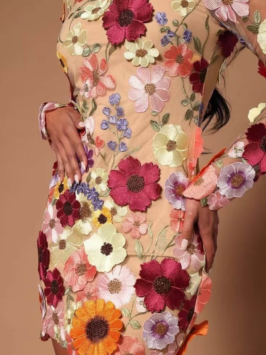 Chic black embroidered floral dress for women, versatile for parties, all-season style & elegance.