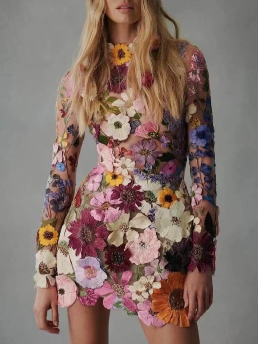 Women's versatile all-season dress with intricate floral embroidery, perfect for parties & special occasions.
