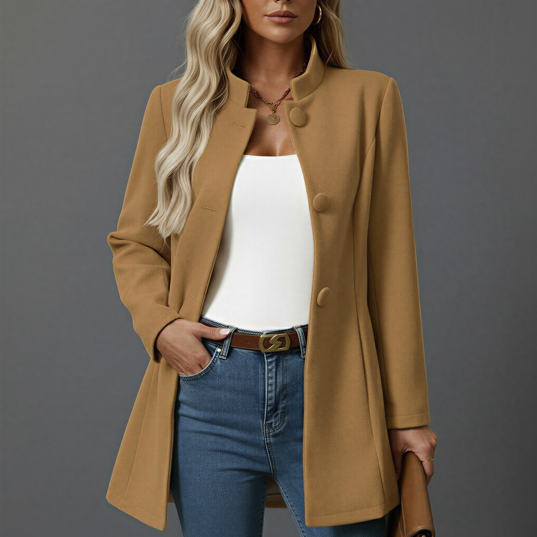 Elegant women's A-line button-down coat with a stand collar, perfect for chic fall and winter outerwear.