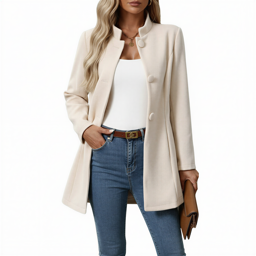 Stylish ladies' A-line coat featuring a button-down front and stand collar, ideal for versatile elegant outerwear.