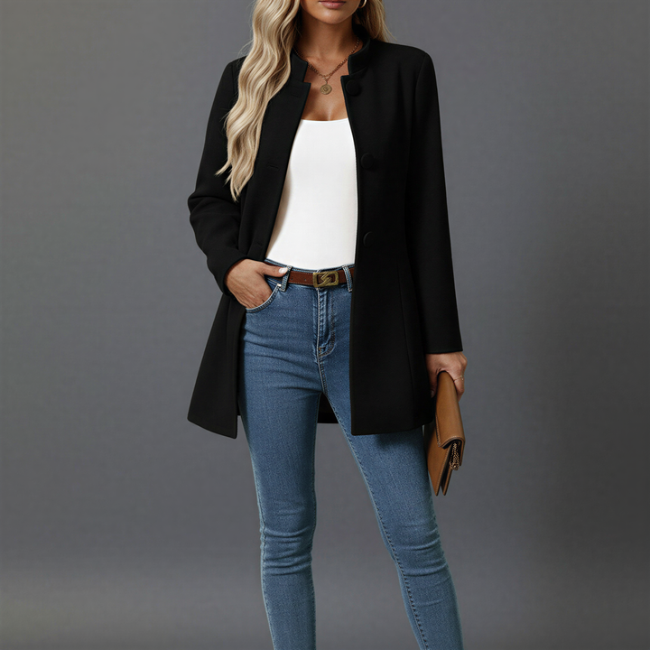 Chic long-sleeve women's A-line coat with elegant button details & stand collar, a perfect stylish fall jacket.