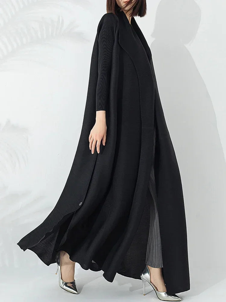 Warm and elegant women's long coat, A-line cut with a funnel neck and a stylish, adjustable belt for winter.
