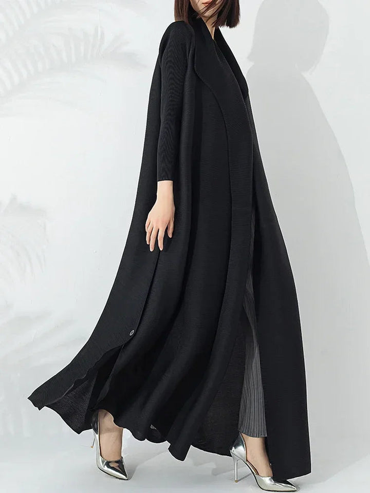 Warm and elegant women's long coat, A-line cut with a funnel neck and a stylish, adjustable belt for winter.