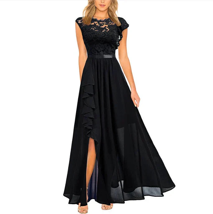 Elegant women's A-line maxi dress with delicate ruffles, perfect for formal events & wedding guests.