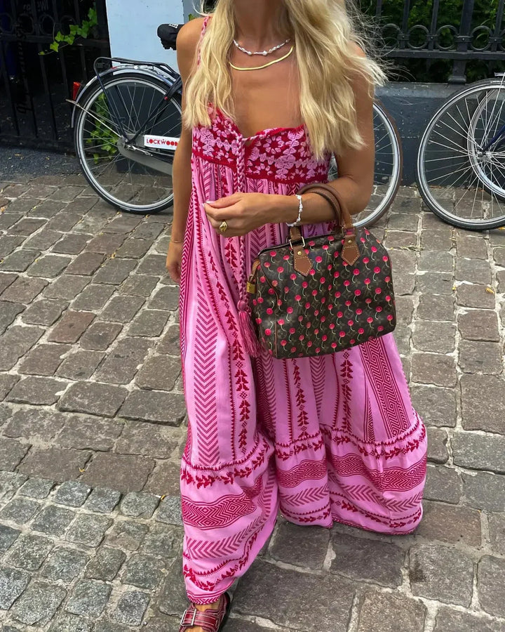 Chic women's flowy A-line maxi dress, perfect for elegant summer days & feminine fashion. Comfortable style.
