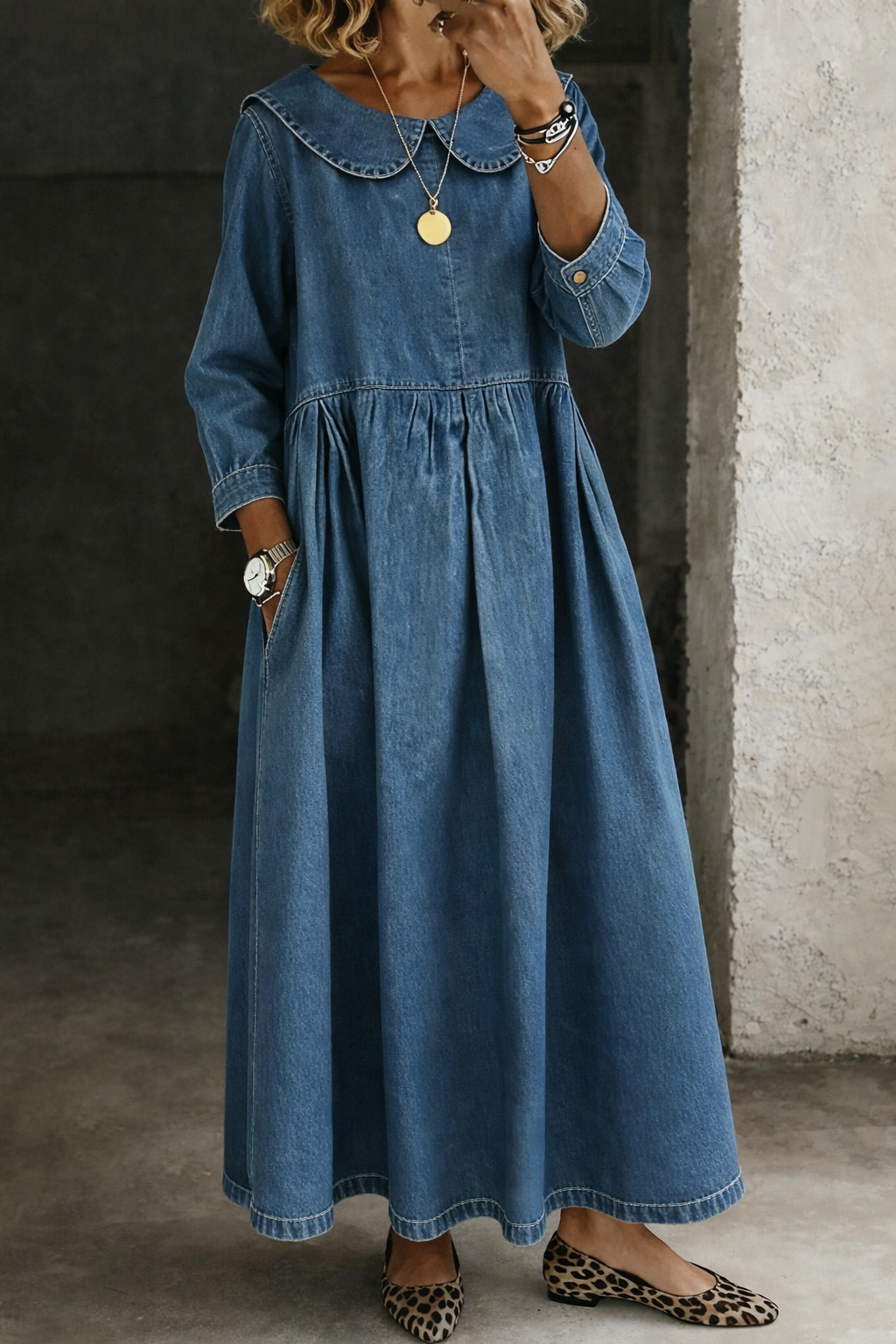 Elegant women's A-line maxi dress with Peter Pan collar & long sleeves, perfect for chic casual wear.