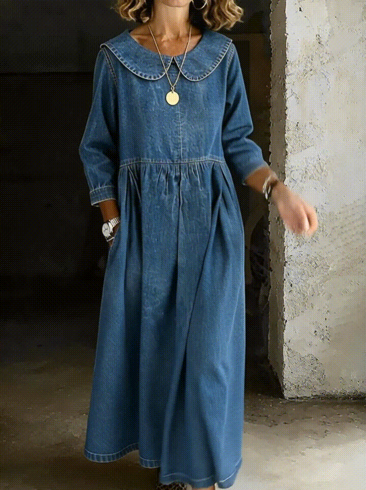 Comfortable women's long sleeve A-line maxi dress. Features a classic Peter Pan collar, ideal for everyday elegance.