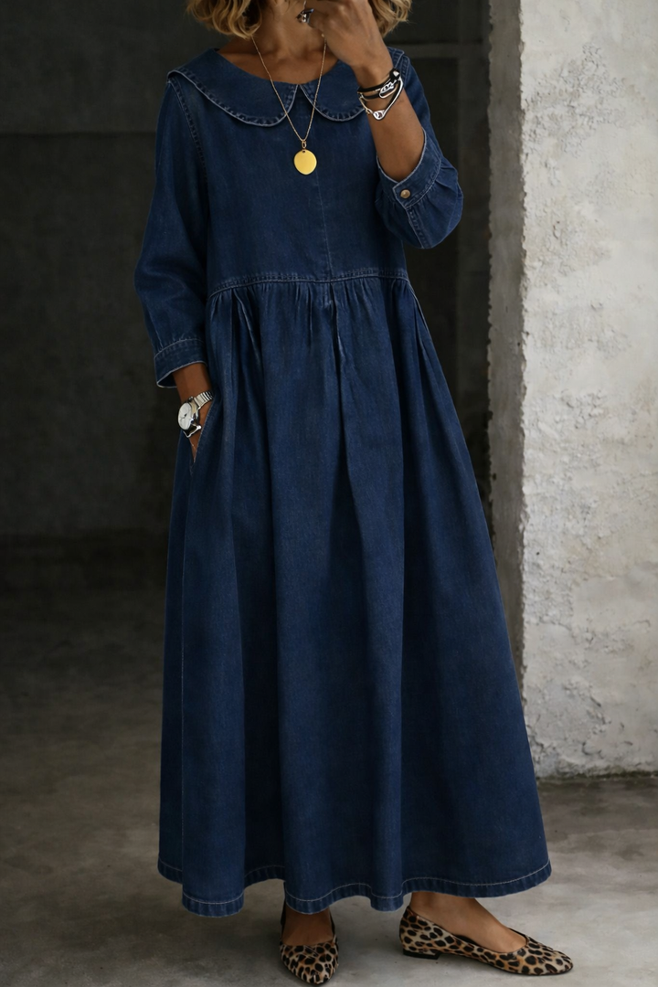Chic women's A-line long sleeve maxi dress featuring a distinctive Peter Pan collar, suitable for elegant casual looks.