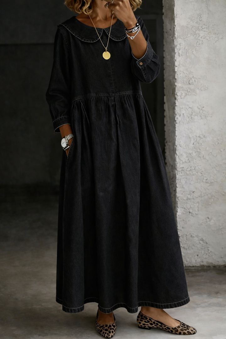 Everyday elegant women's A-line maxi dress. Long sleeves & Peter Pan collar provide a chic, comfortable, versatile look.