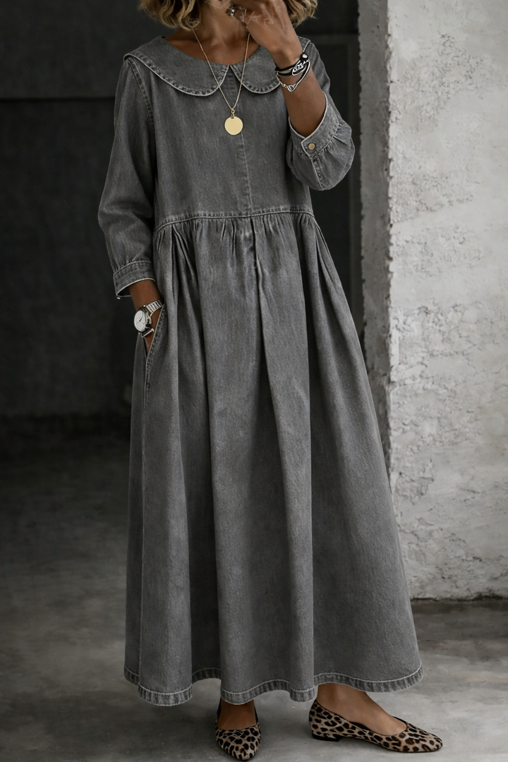 Women's long sleeve A-line maxi dress with a classic Peter Pan collar. Comfortable, elegant, and versatile for daily wear.