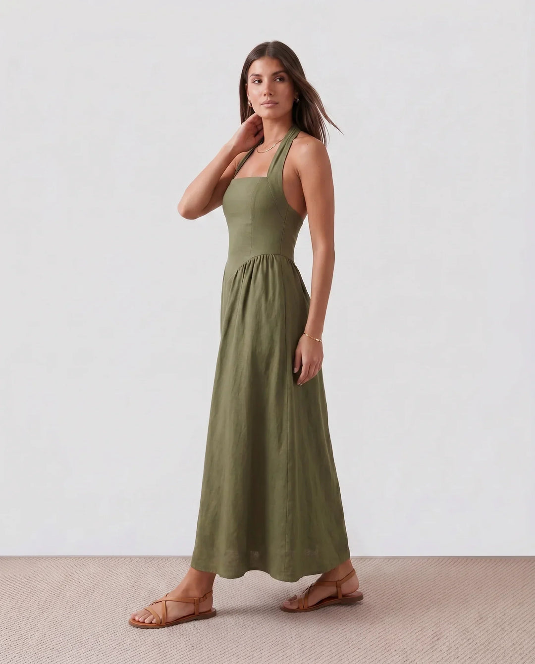 Beautiful women's A-line long dress with a flattering halter neckline & elegant corset bodice. Special occasion.
