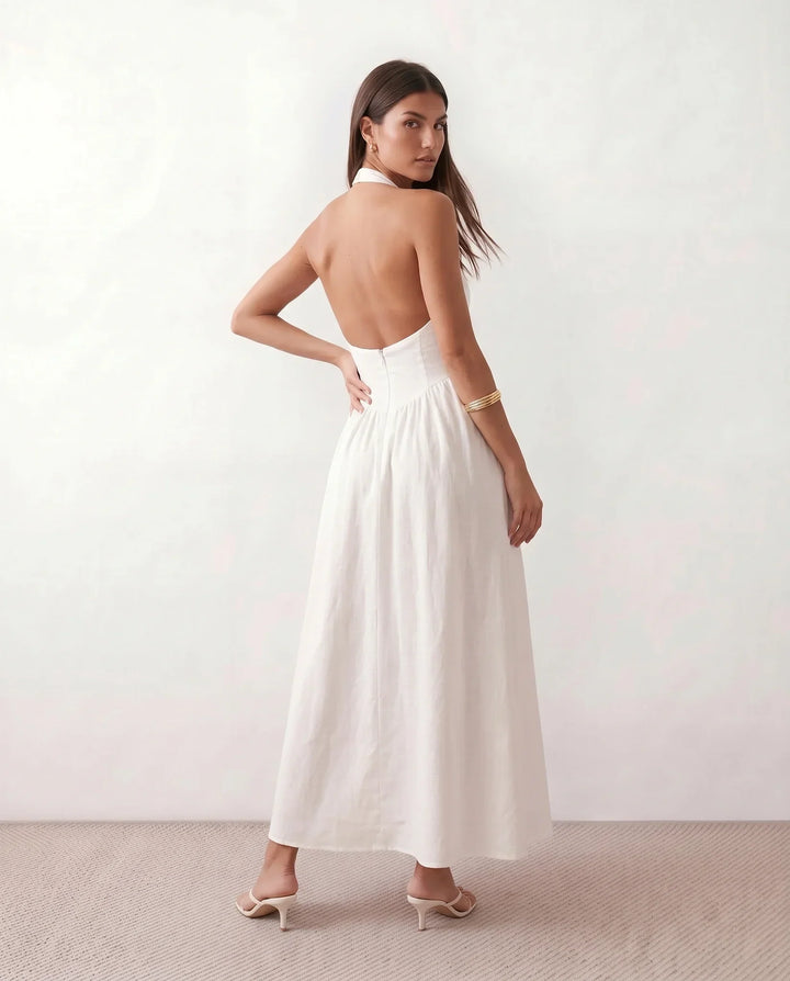 Stunning women's evening gown: halter A-line maxi dress with a supportive corset bodice & elegant silhouette.