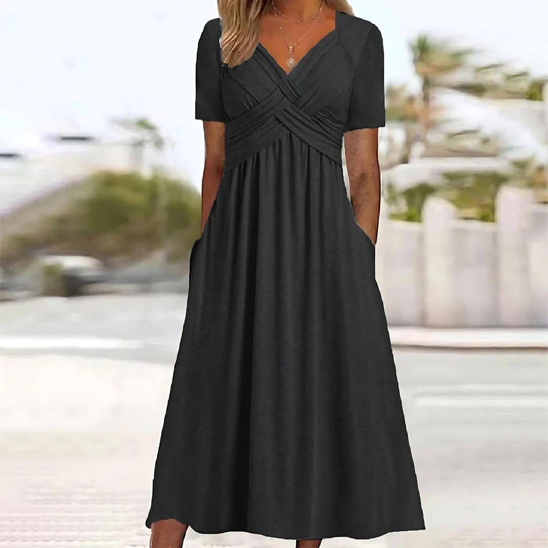 Flattering A-line midi dress for women, versatile classic style, ideal for casual everyday or formal ladies fashion.