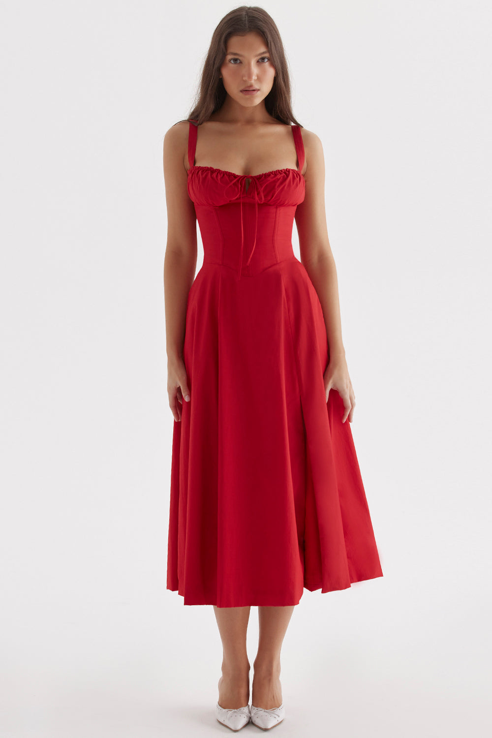 Elegant women's A-line midi dress with corset bustier, perfect for wedding guests & summer parties.