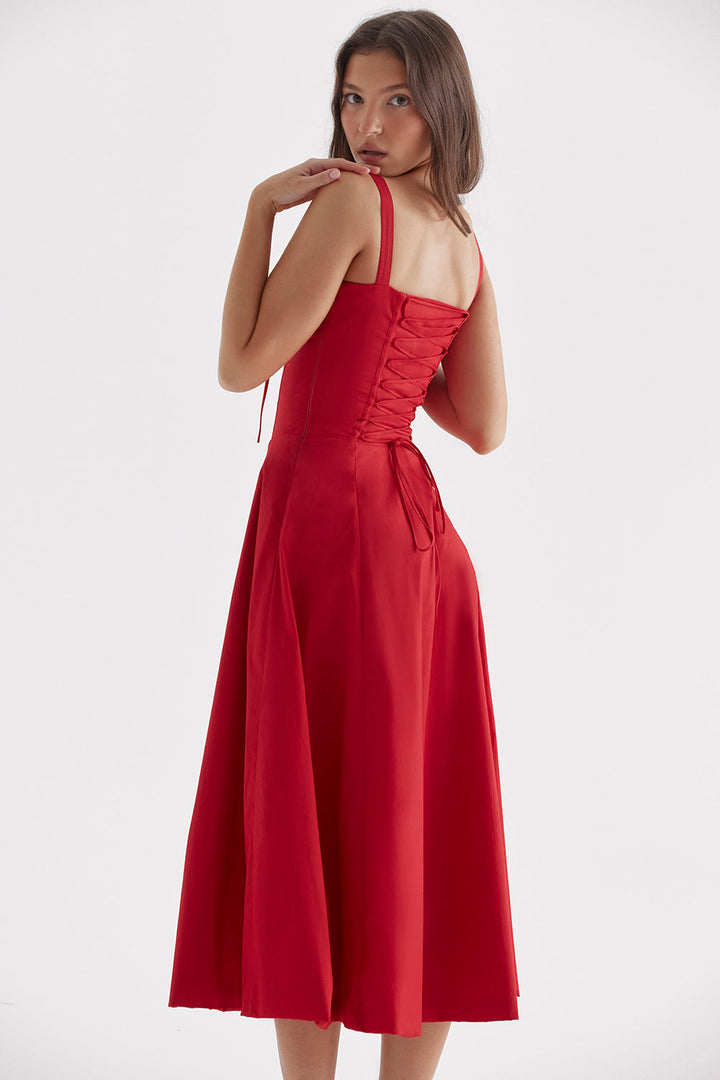 Women's A-line midi dress featuring a corset bustier, sweetheart neckline & adjustable tie. Elegant fit.