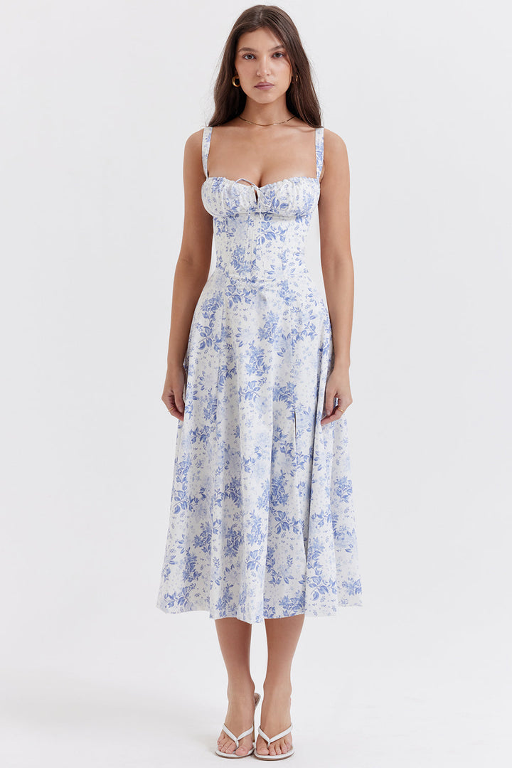 Wedding guest A-line midi dress for women. Elegant corset bustier style, perfect for summer occasions.