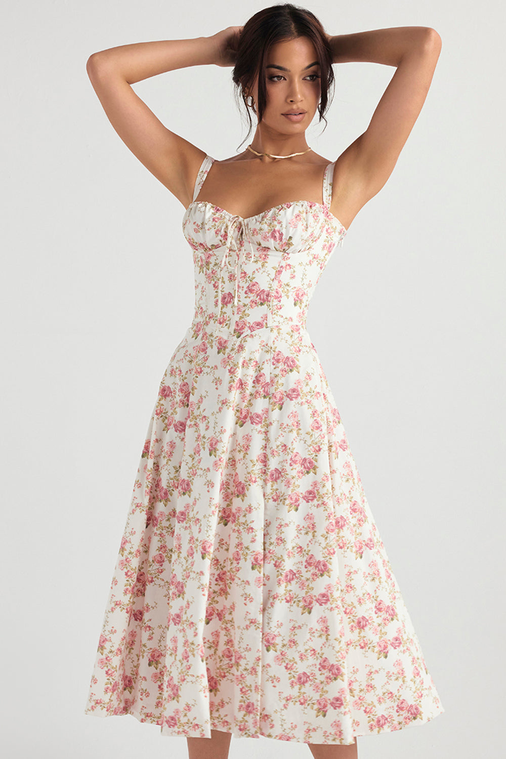 Women's elegant A-line midi dress with corset detailing, sweetheart neckline, and a flattering silhouette.