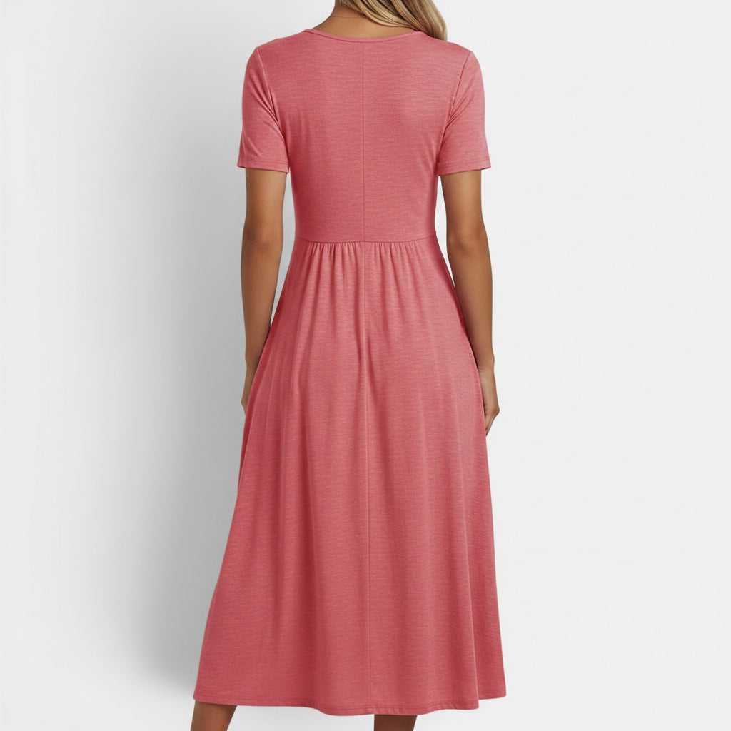 Sophisticated women's elegant A-line midi dress. Short sleeves make it versatile for summer & casual occasions.