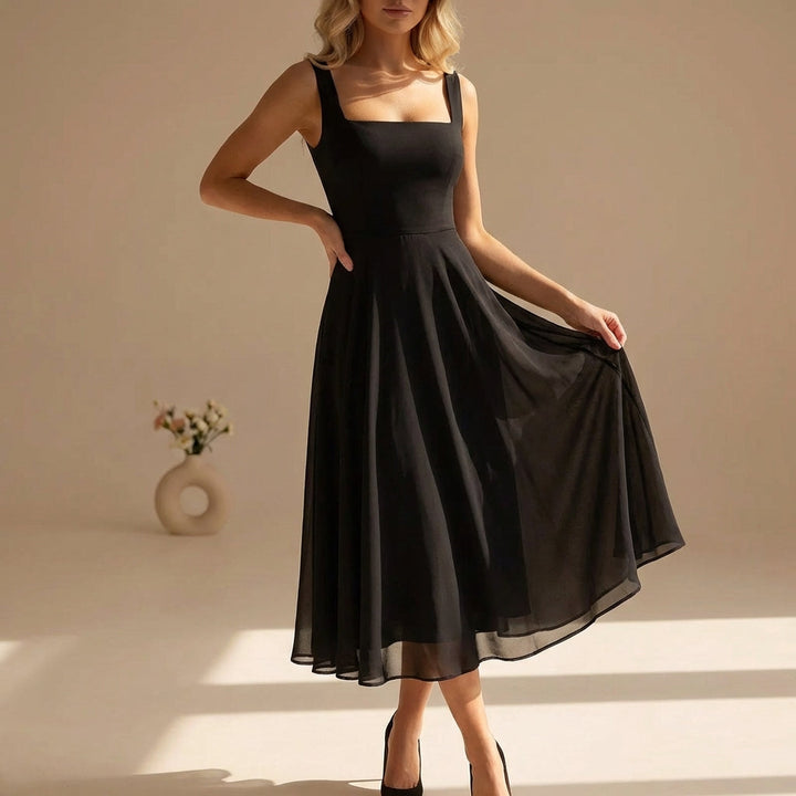Elegant women's A-line midi dress with square neck, perfect for summer smart casual events.