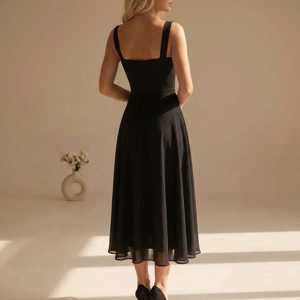 Stylish sleeveless midi dress for women, featuring a flattering A-line silhouette and square neckline.