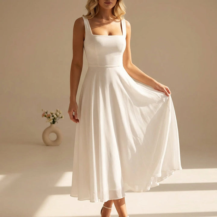 Chic women's A-line midi dress, elegant square neck design for evening wear or special occasion events.
