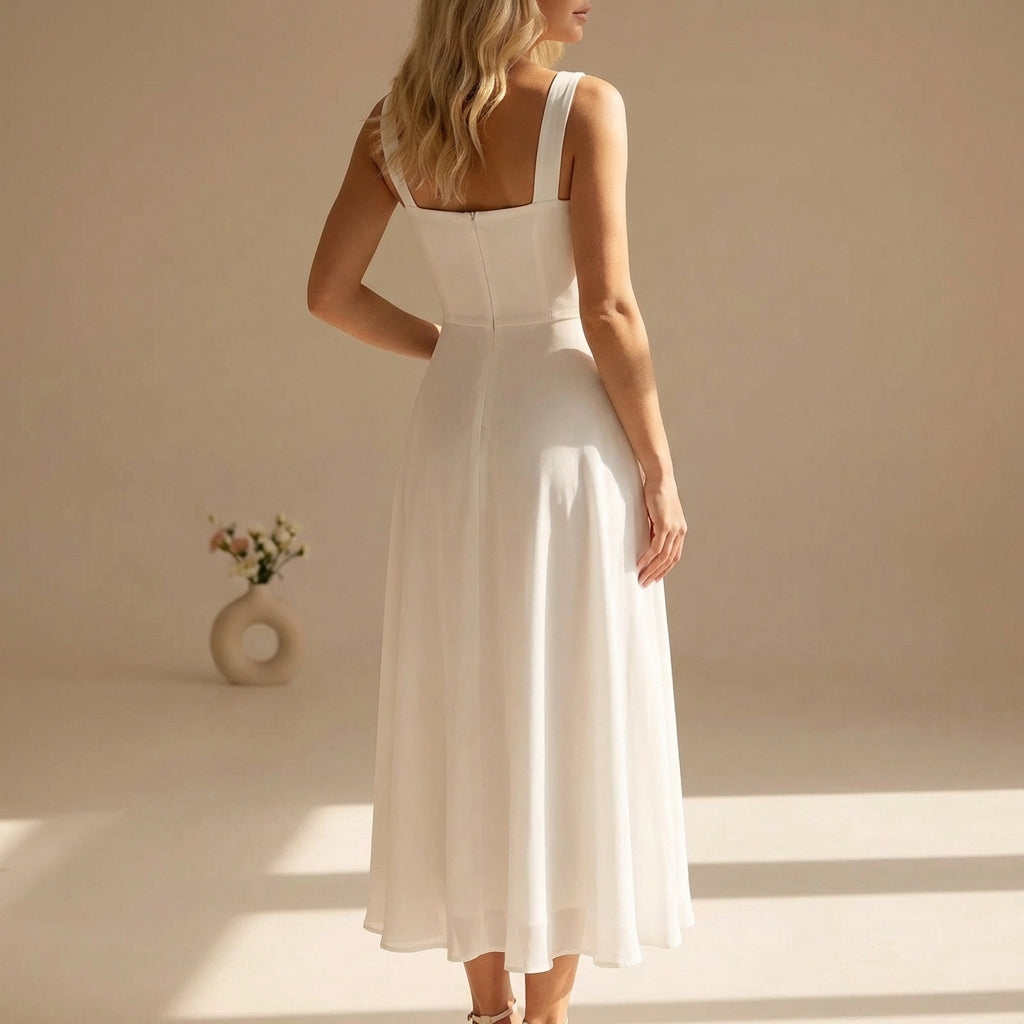 Versatile women's elegant A-line midi dress with square neck, ideal for summer parties & events.