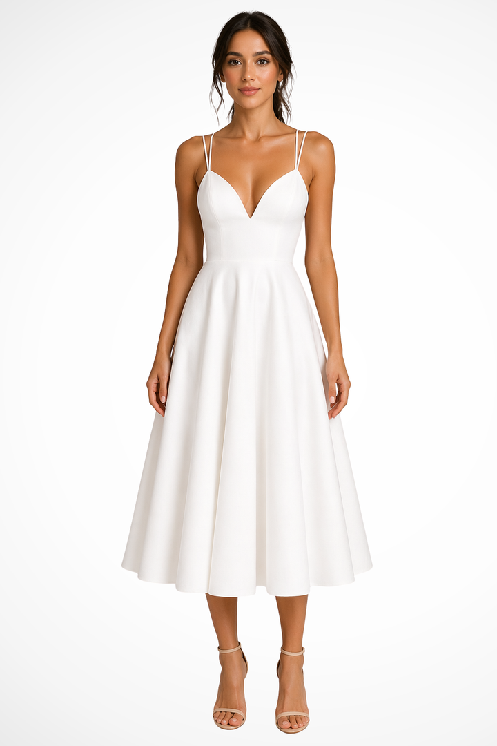 Elegant women's A-line midi dress with sweetheart neck, perfect for wedding guests & special occasions.