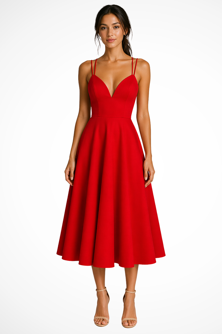 Formal A-line midi dress for women, excellent for wedding guests, parties, or any special occasion.