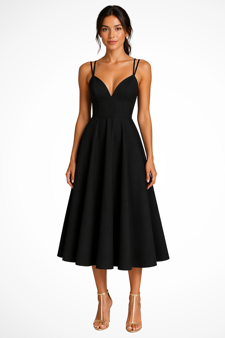 Stylish women's A-line midi dress with flattering sweetheart neckline, a chic choice for formal events.