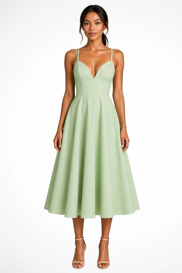 Beautiful women's elegant A-line midi dress with a sweetheart neckline, perfect for sophisticated events.