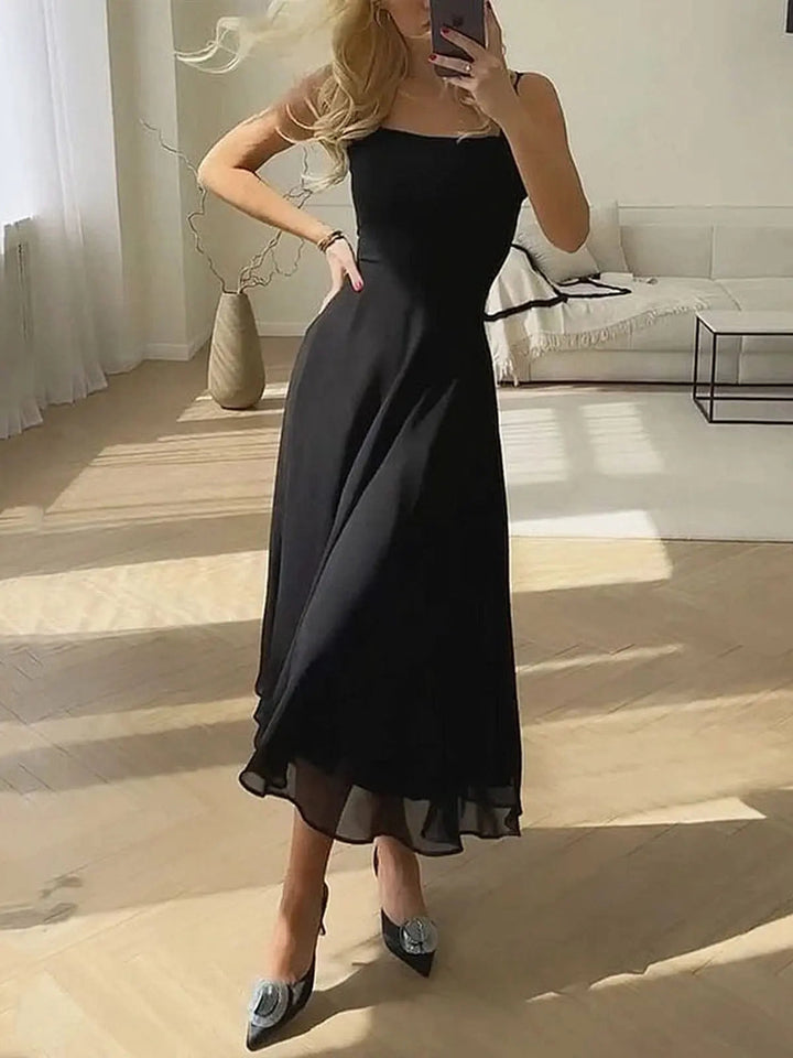 Chic A-line square neck midi dress for women, ideal as a summer party or wedding guest outfit.