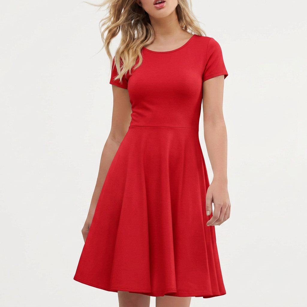 Flattering A-line women's dress with a classic silhouette, short sleeves and bow, suitable for summer events.