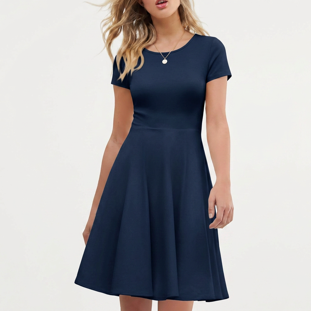 Chic women's A-line summer dress, knee-length, short-sleeve, and versatile for elegant day or party wear.