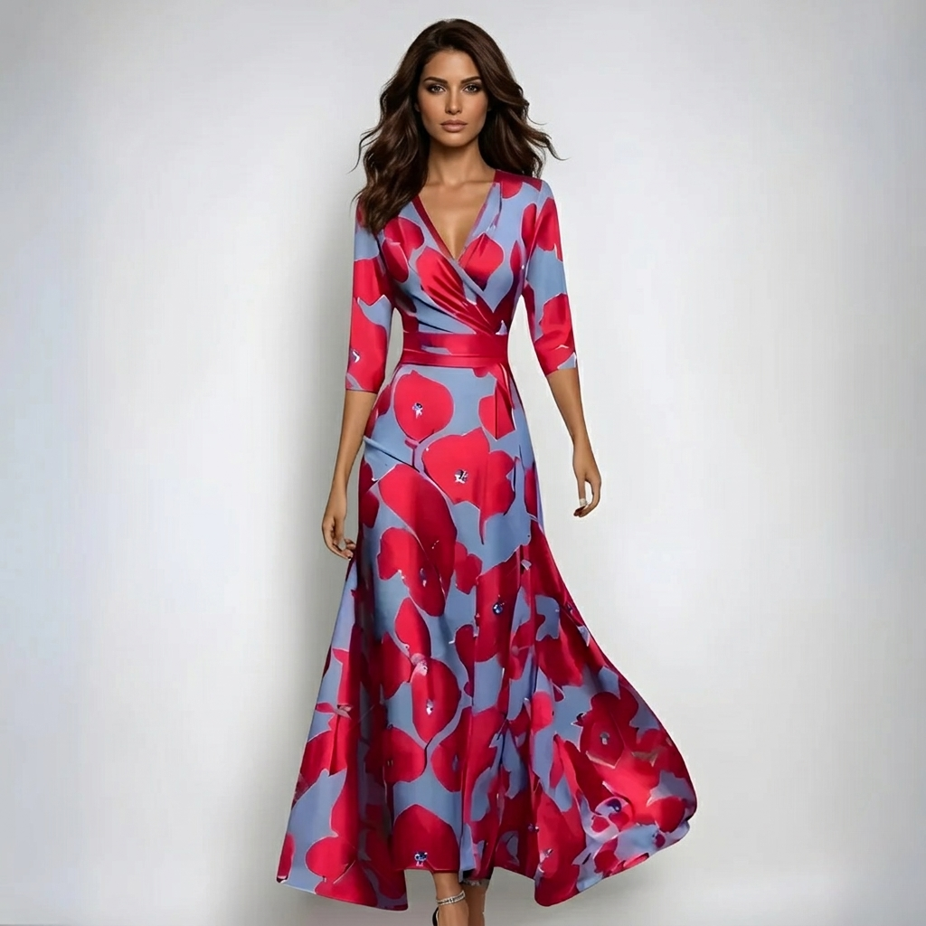 Elegant women's abstract floral wrap maxi dress with a flattering V-neck, perfect for spring and summer occasions.