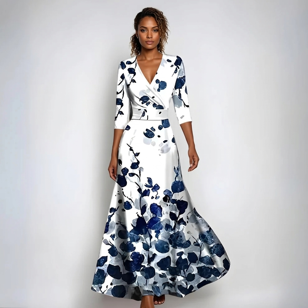 Stylish A-line women's maxi wrap dress featuring a vibrant abstract floral print and comfortable fit.