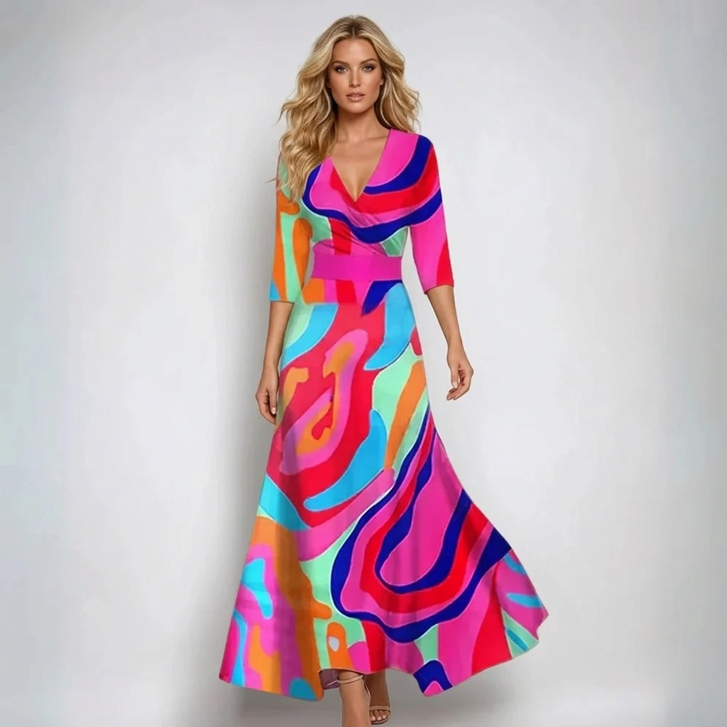 Sophisticated women's V-neck wrap maxi dress, showcasing an elegant abstract floral design for special occasions.