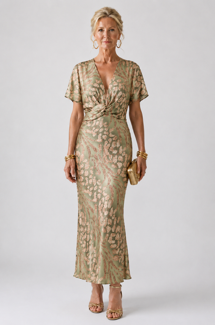 Elegant women's abstract print midi dress with a stylish twist waist, v-neck & short sleeves, perfect for spring.