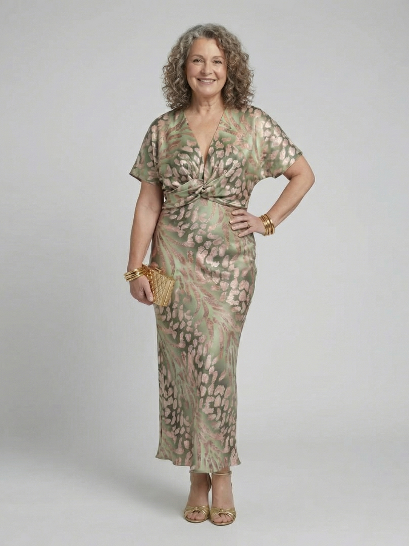 Abstract print midi dress for women, elegant v-neck, short sleeve design with a stylish twist waist.