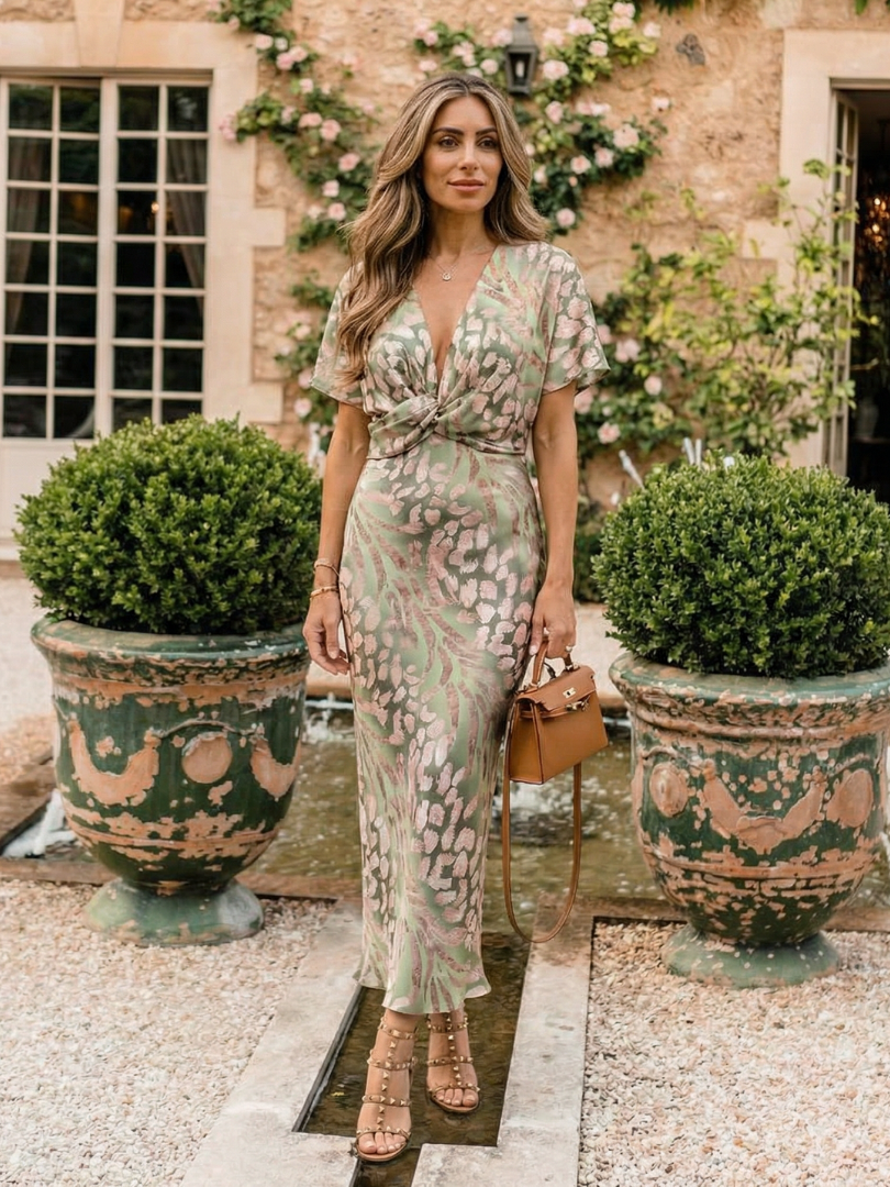 Fashionable women's abstract print midi dress, elegant short sleeve, twist waist, suitable for day & occasion wear.