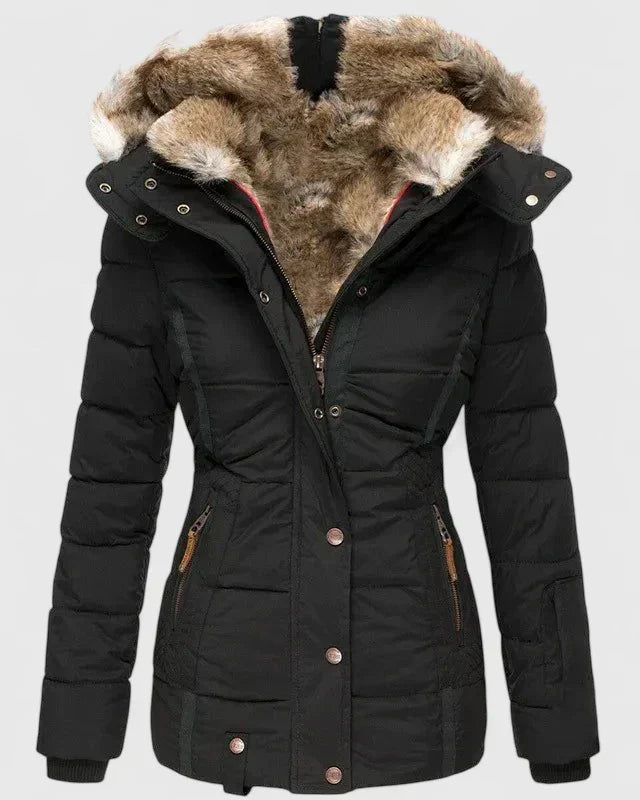 Comfortable women's long sleeve coat with adjustable hood, perfect for all-season elegant fashion outerwear.