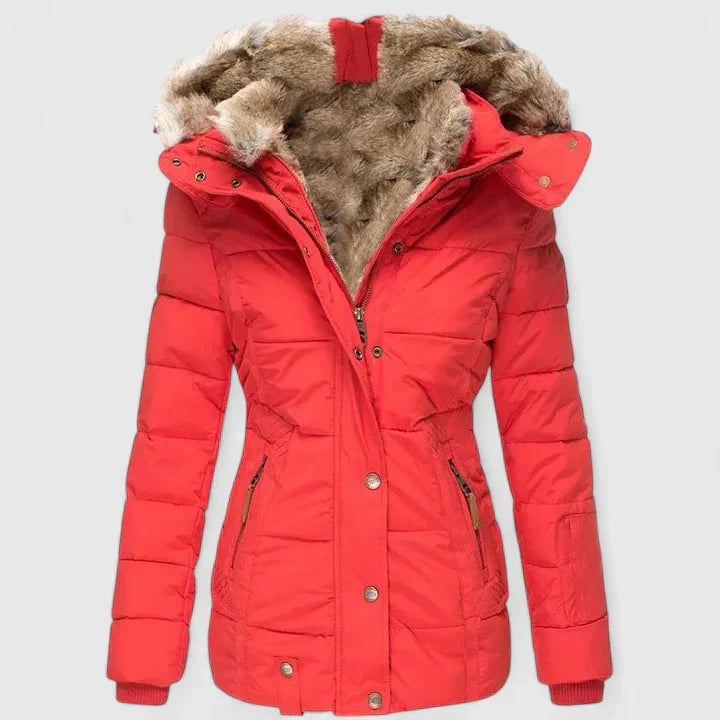 Women's elegant winter coat featuring an adjustable hood. Comfortable & versatile fashion outerwear.