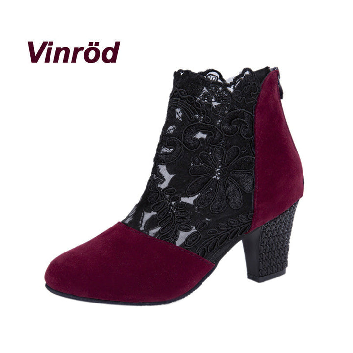 Chic ladies' fashion boots: sophisticated lace embroidered ankle boots with a stylish, comfortable block heel.